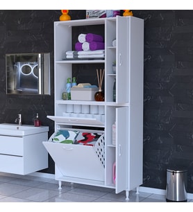 Modilayn Mis Urla Yenice 90 x 183 x 31,5 cm Kirli Çamaşır Dolabı Sepetli Banyo Dolabı (Beyaz)