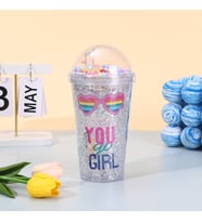 Sloganlı Işıklı ve Pipetli Bardak, 450 ml, Buzlu ve Kapaklı, Beyaz, 20x8 (Beyaz)