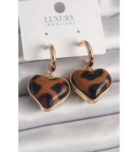 Pirinç Gold Renk 3D Kalp Leopar Desen Model Kadın Küpe 5886 - SSSSSS2912-1187