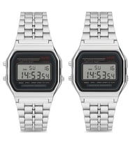 Özel Kutulu Retro Gümüş Renk Takvimli Alarm ve Aydınlatmalı 2 Adet Retro Model Unisex Kol Saati Çiftlere Sevgili Eşe Kombin ve Yakın Arkadaşa Özel Hediye Armağan Doğum Günü Yıldönümü Hediyesi
