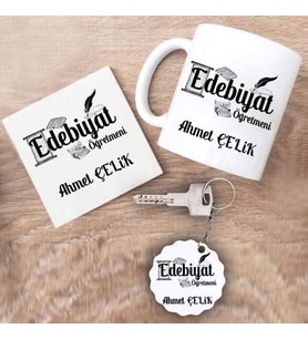 Edebiyat Öğretmeni Kupa Bardak Altlık ve Anahtarlık Hediye Seti (Model 1)