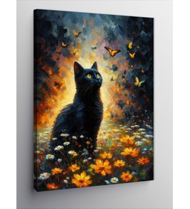 Kanvas Tablo Yapraklar Arasında Kara Kedi