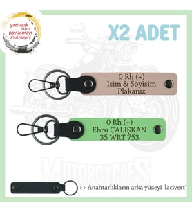 Motor Severlere Özel, İsim Plaka ve 0 Rh (+) Kan Grubu Yazılı x2 Anahtarlık, Yavruağzı-F Yeşil-Laci (Çok Renkli)