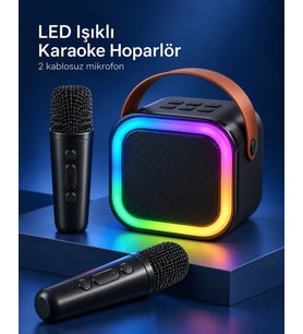 Lexroo Çift Kablosuz Mikrofonlu LED Işıklı Bluetooth Karaoke Hoparlör Seti