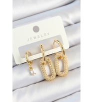 Pirinç Zirkon Taşlı Dikdörtgen Model Gold Renk 3'lü Çift Kadın Küpe Set 5886