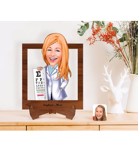 BK Gift Kişiye Özel Kadın Göz Doktoru Karikatürlü Ahşap Standlı 3D Biblo-1 (Beyaz)