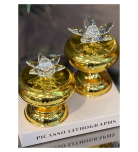 2'li Metal Ayaklı Kristal Lotus Kapaklı Şekerlik Seti (18 cm & 15 Cm) - Lüks Dekoratif Kutu