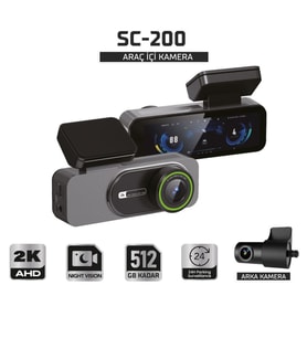 Sentinel SC-200 2K AHD Çift Kameralı Araç İçi Kamera  Wi-Fi, Gece Görüş, 24 Saa