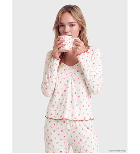 LCW DREAM Ekru Büzgülü Baskılı Kadın Pijama Takımı