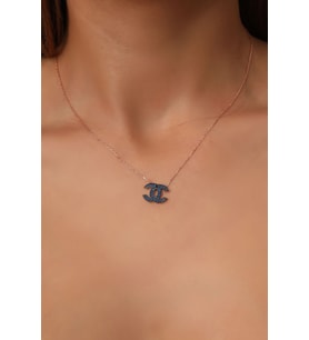 925 Ayar Gümüş Rose Kaplama Mavi Zirkon Taşlı Gucci Model Gümüş Kolye