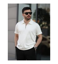 Oversize Bol Kalıp Fermuarlı Polo Yaka Tshirt (Beyaz)
