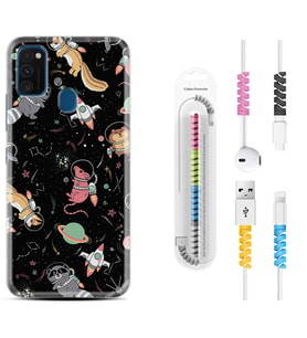Samsung M21 M22 M23 M30 M31S M32 Kılıf Kablo Koruma Spiral Silikon Planet Animals 1771