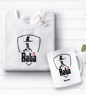 BK Gift Kişiye Özel Baba Godfather Tasarımlı Beyaz Tişört ve Kupa Seti-6 (Model 1)