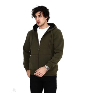 Erkek 3 İplik Pamuklu Kapüşonlu Tam Fermuarlı Cepli Hoodie Sweatshirt - Haki