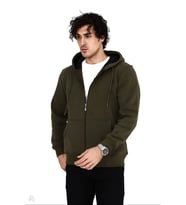 Erkek 3 İplik Pamuklu Kapüşonlu Tam Fermuarlı Cepli Hoodie Sweatshirt - Haki