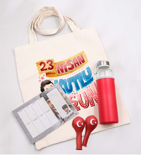 23 Nisan'a Özel Deri Kılıflı 500 Ml Kırmızı Su Matarası & Ham Bez Çanta & 2'li Balon & Haftalık Planner Hediye Seti