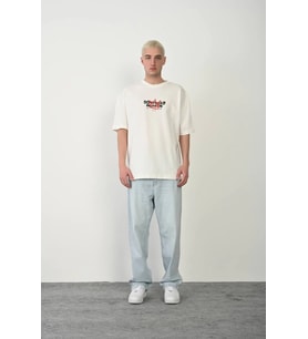Erkek Kısa Kol Yazlık Tişört Bisiklet Yaka Baskılı Oversize T-Shirt - Beyaz