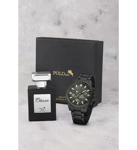 Polo Air Klasik Metal Kasa Erkek Kol Saati Ve 55 ml Parfüm Seti Siyah Koyu Yeşil Renk ST-5030E1