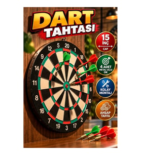 15 İnç Ahşap Dart Tahtası – 4 Metal Uçlu Ok ve Kolay Montaj