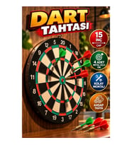 15 İnç Ahşap Dart Tahtası – 4 Metal Uçlu Ok ve Kolay Montaj