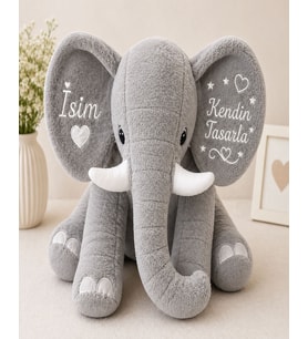 Bebeğe & Sevgiliye Özel İsim Yazılabilir 65 Cm Peluş Fil – Kişiye Özel Hediye