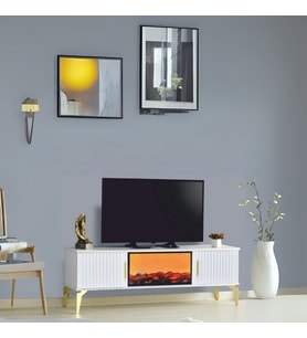 Rüya Dekoratif Şömineli Tv Sehpası Beyaz Gold Kulplu 2 Kapaklı Alev Efektli 150x50x36 Cm