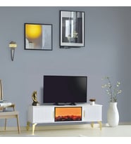 Rüya Dekoratif Şömineli Tv Sehpası Beyaz Gold Kulplu 2 Kapaklı Alev Efektli 150x50x36 Cm