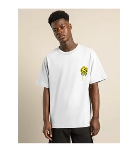 Unisex Bisiklet Yaka Baskılı Oversize T-Shirt - Beyaz