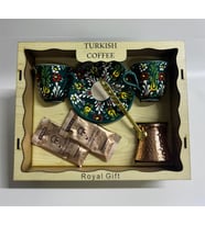 Sevgiliye ve Arkadaşa Özel Bakır Cezveli Kabartma Desenli Kahve Fincan Seti (Su Yeşili)