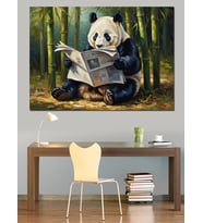 Bambu Ormanında Gazete Okuyan Panda Dekoratif Kanvas - Mdf Ahşap Tablo