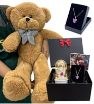 Fotoğraflı Premium Set - Büyük Boy Peluş Ayıcık, Işıklı Beyaz Melekli Fanus ve Kelebek Kolye (Kahverengi)