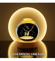 Doğal Ahşap Standlı Geyik Figürlü Kristal Küre LED Dekoratif Lamba