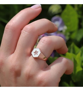 Yıldız Modeli Beyaz Mine İşli Rose Gold Kaplama Ayarlanabilir Gümüş Yüzük