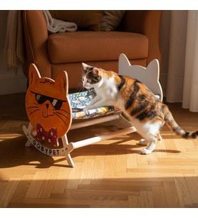 Ahşap Sallanan Kedi Beşiği – Sevimli Kedi Figürlü, Minderli, Dekoratif Dinlenme Yatağı (Siyah)