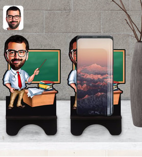 BK Gift Kişiye Özel Erkek Öğretmen Karikatürlü Ahşap Biblo Telefon Standı-1