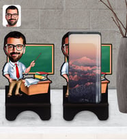 BK Gift Kişiye Özel Erkek Öğretmen Karikatürlü Ahşap Biblo Telefon Standı-1