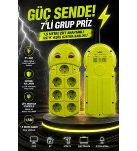 7'li Grup Priz 1.5 Metre Çift Anahtarlı Topraklı Fıstık Yeşili Uzatma Kablosu 16A 3680W Ev Ofis Tipi