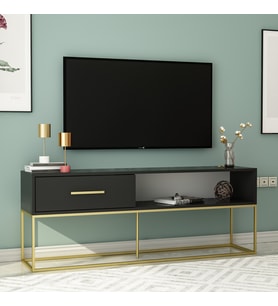 Mira TV Ünitesi 160 cm – Kapaklı ve Raflı, Gold Ayak, Modern Tasarım (Siyah-Gold)