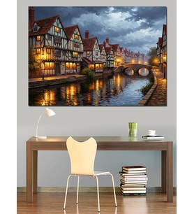 Gece Vakti Işıklı Nehir Kasabası Dekoratif Kanvas - Mdf Ahşap Tablo