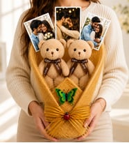 Kişiye Özel Büyük Boy 3 Fotoğraflı Kahve Peluş Ayıcıklı Anı Buketi Sevgiliye Kadına Hediye - Fotoğraf Buketi