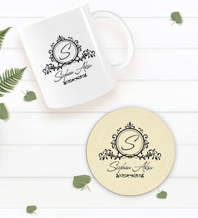 BK Gift Kişiye Özel İsimli Beyaz Kupa Bardak ve Yuvarlak Ahşap Bardak Altlığı Hediye Seti -11