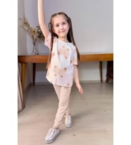 Kız Çocuk Simli Kelebek Baskı Bisiklet Yaka T-Shirt Bej Eşofman Takım