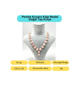 Sertifikalı Pembe Kuvars Kalp Model Doğal Taş Kolye Makrome Ayarlanabilir Ölçü