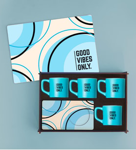 Good Vibes Only. Tasarımlı Sürekli Kullanılabilir Ahşap Kutuda 4’lü Türk Kahvesi Fincan Takımı