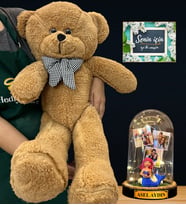 Size Özel İsimli Premium Set - Büyük Boy Kahve Peluş Ayıcık ve İsimli 3 Fotoğraflı Led Işıklı Fanus (Model 7)