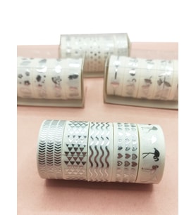 Gümüş Yaldızlı Vintage Washi Tape Bant Yapışkanlı Maskeleme Kağıdı 5 li - Flamingo
