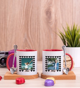 Kişiye Özel Kalp Detaylı Fotoğraflı İkili Ahşap Altlıklı Kırmızı Kupa