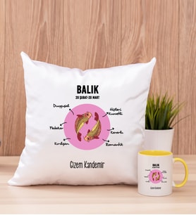 Kişiye Özel Balık Burcuna Hediye Kare Yastık ve Sarı Kupa