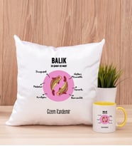 Kişiye Özel Balık Burcuna Hediye Kare Yastık ve Sarı Kupa