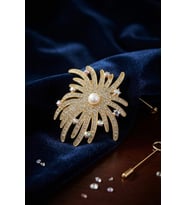 Zirkon Taşlı Gold Renk İnci Detaylı Broş TJ-BR504